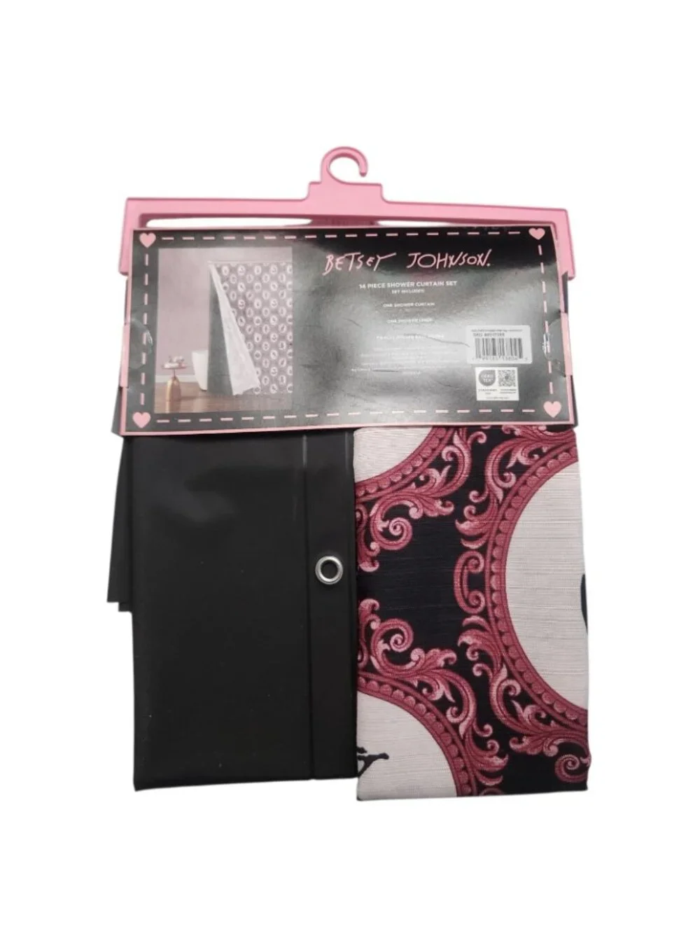 Betsey Johnson Halloween Shower Curtain Set Pink Black Crows Bats Skulls Bats